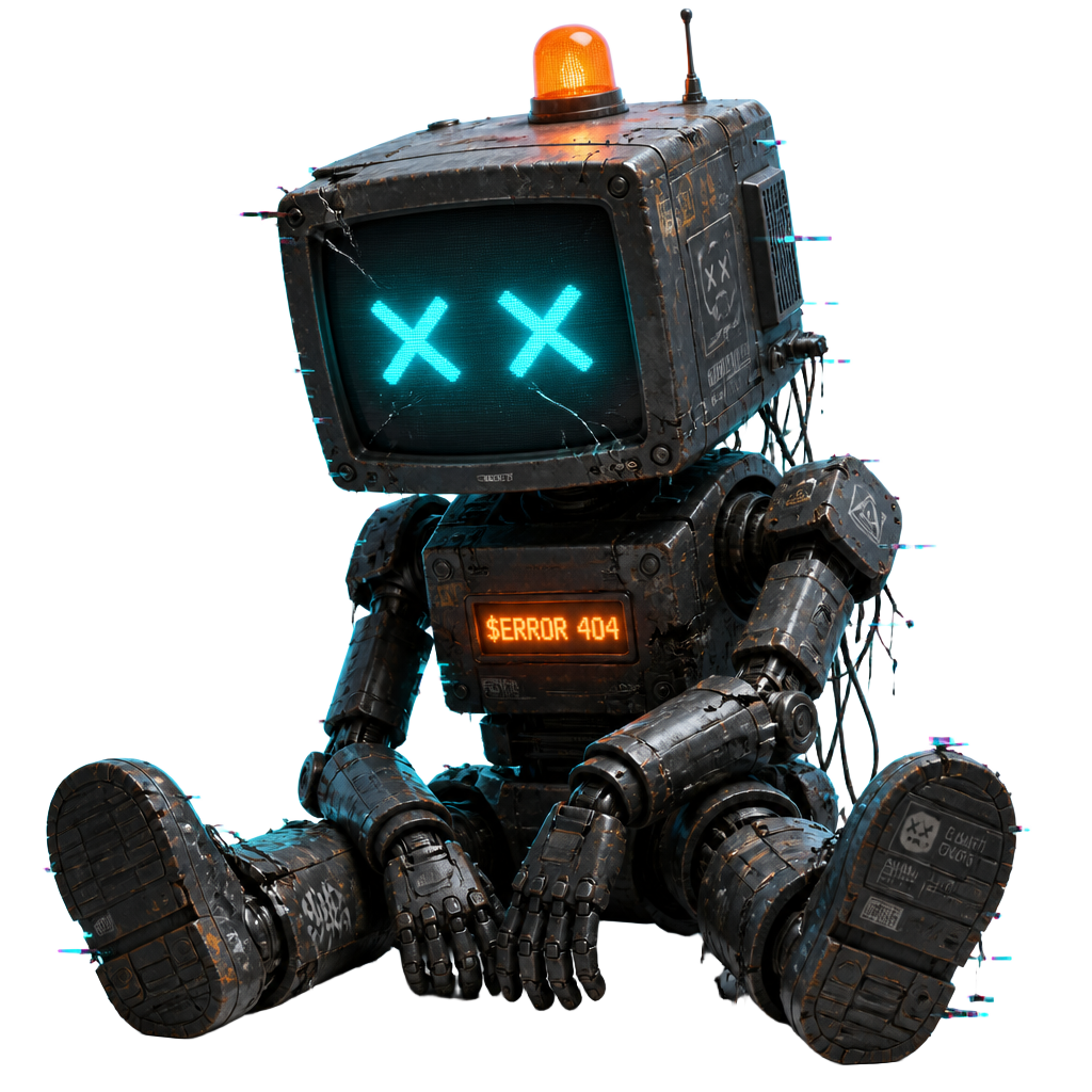 404 COIN robot mascot sitting down, powered on but idle